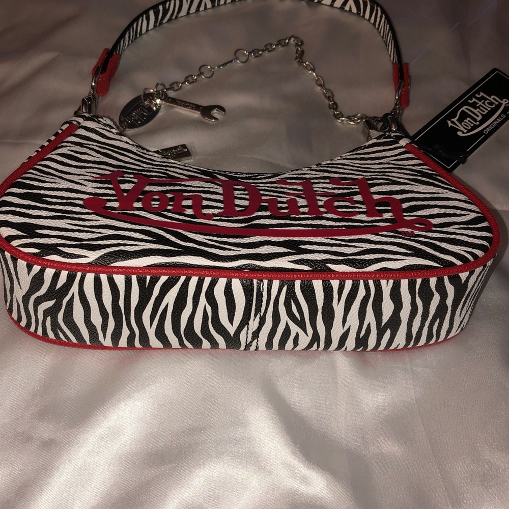 Von Dutch Zebra Print Shoulder Bag Red Trim & Logo Silver Chain + Wrench NWT - Picture 8 of 16